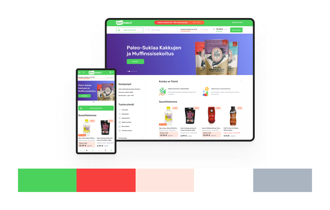 Display of a website and mobile app interface for an online store, showing products and promotions in a clean, organized layout.