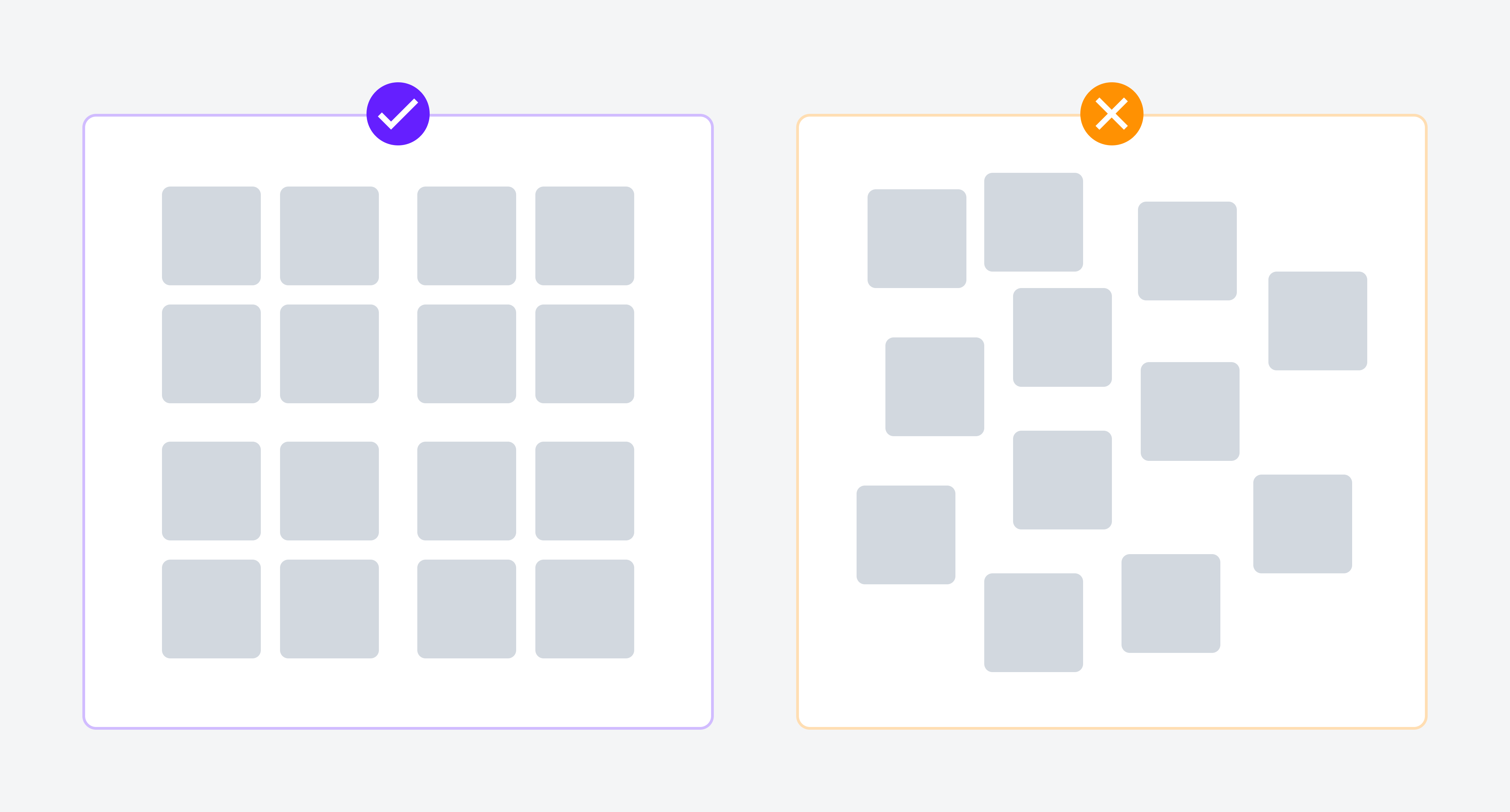 Good and bad examples of grouping the elements in the interface.