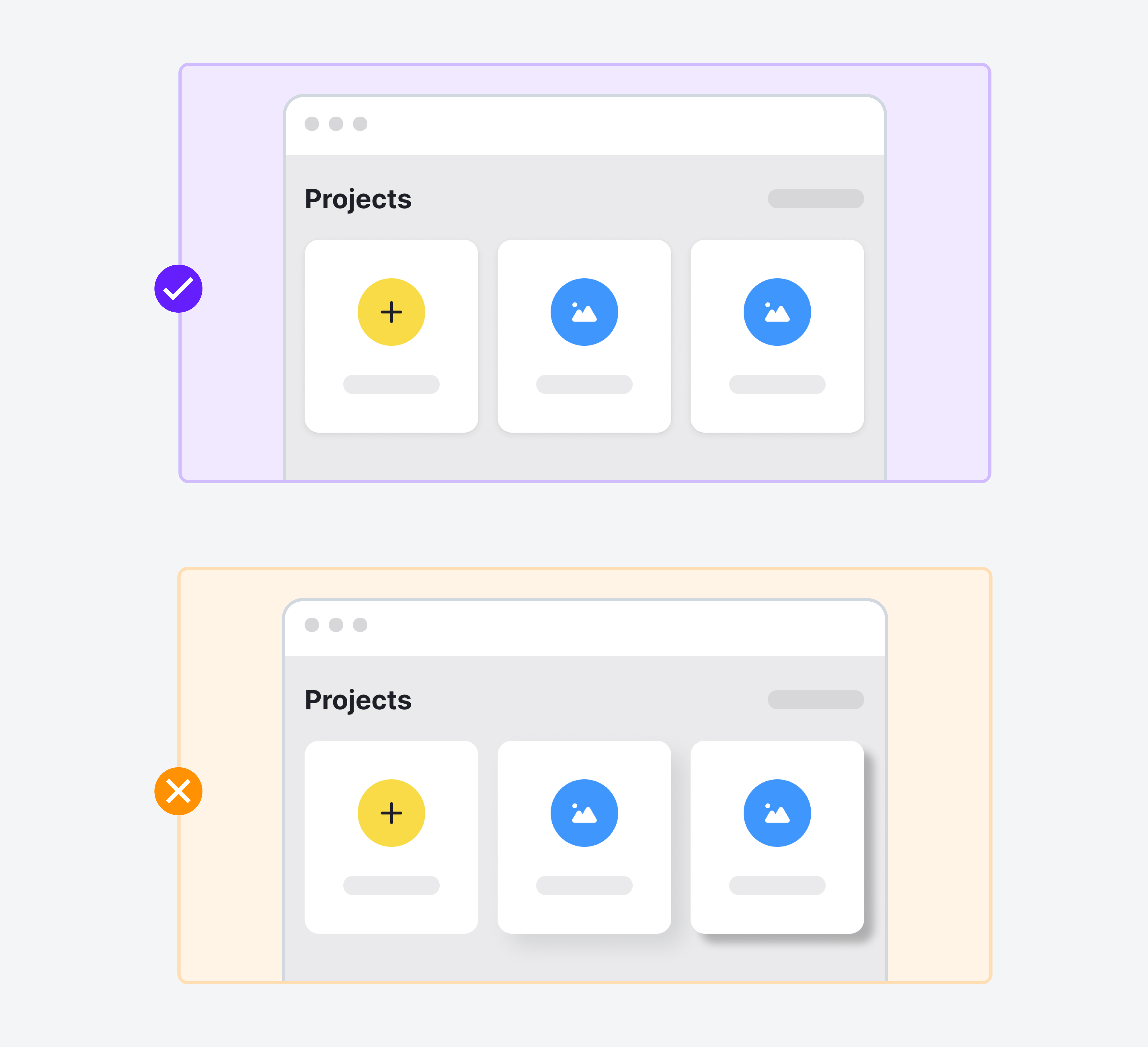 An example of consistent and inconsistent implementation of shadows within a design.