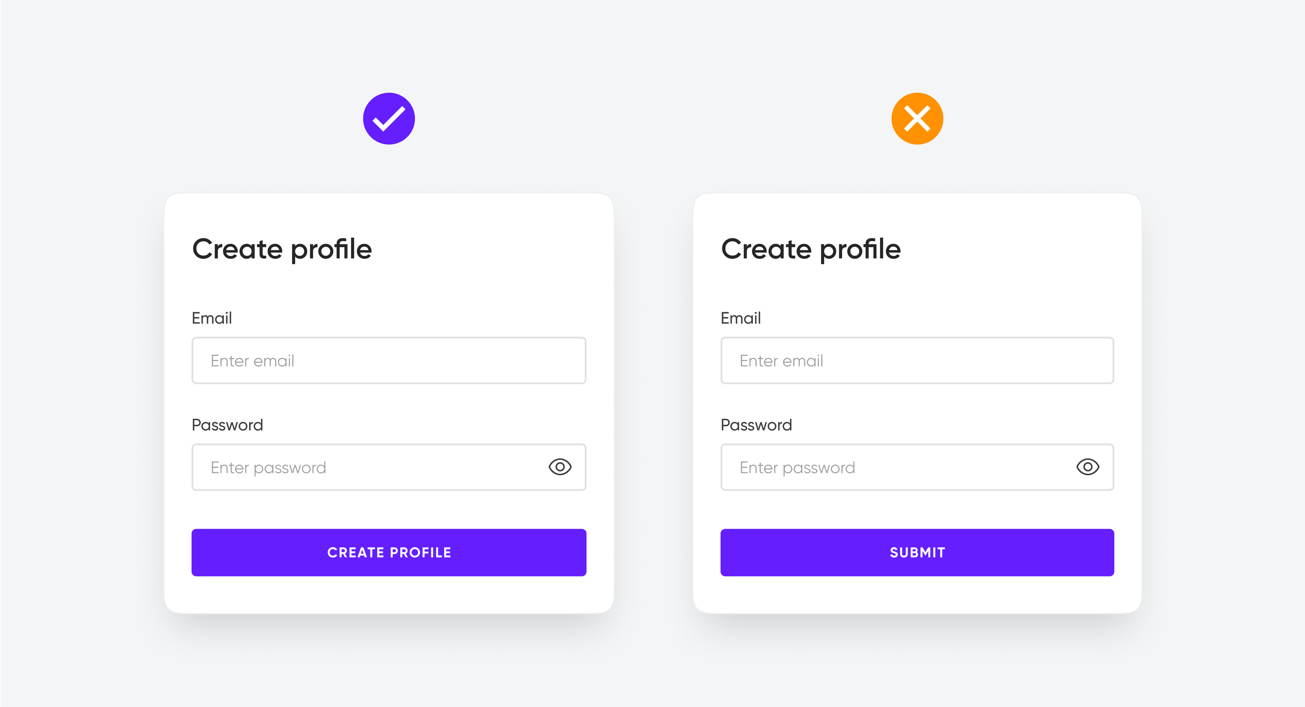 Comparison of "Create profile" dialogs: one with a “Create Profile” button label and one with a “Submit” label.