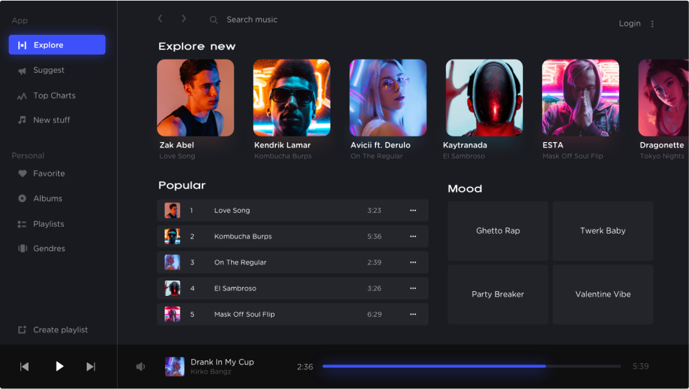 A dashboard of the music streaming app in a dark theme where hierarchy is maintained by colors, not shadows.