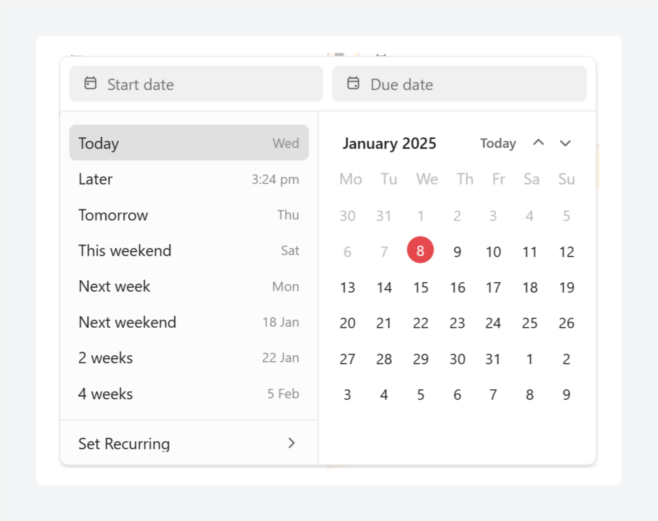 ClickUp clearly showing the selected day in the calendar picker.