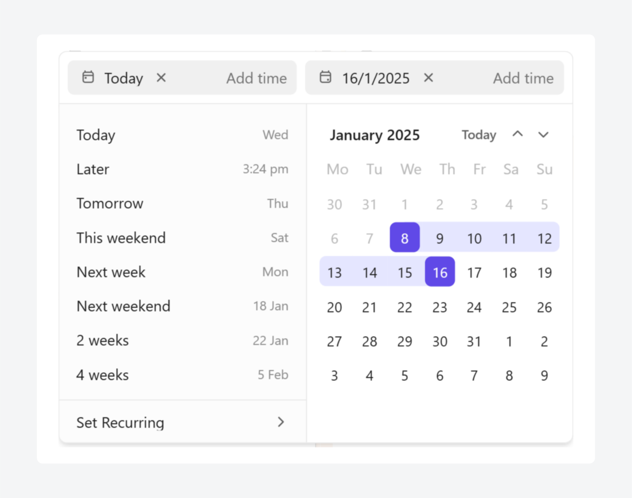 ClickUp clearly showing the range, the end and start date and the disabled dates.