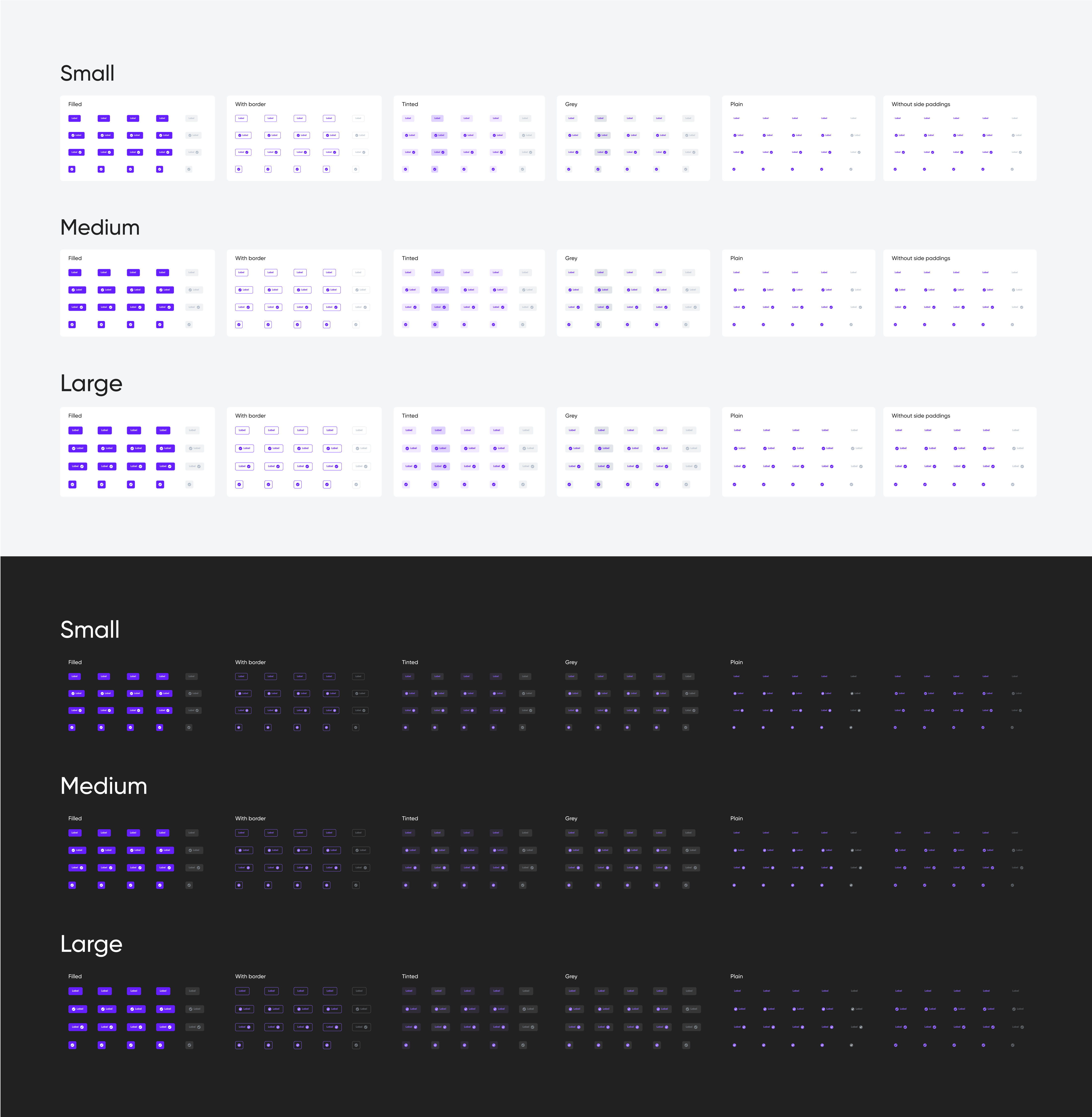 Dark, light mode button styles with filled, with border, tinted, gray, and plain variations for small, medium, large buttons.