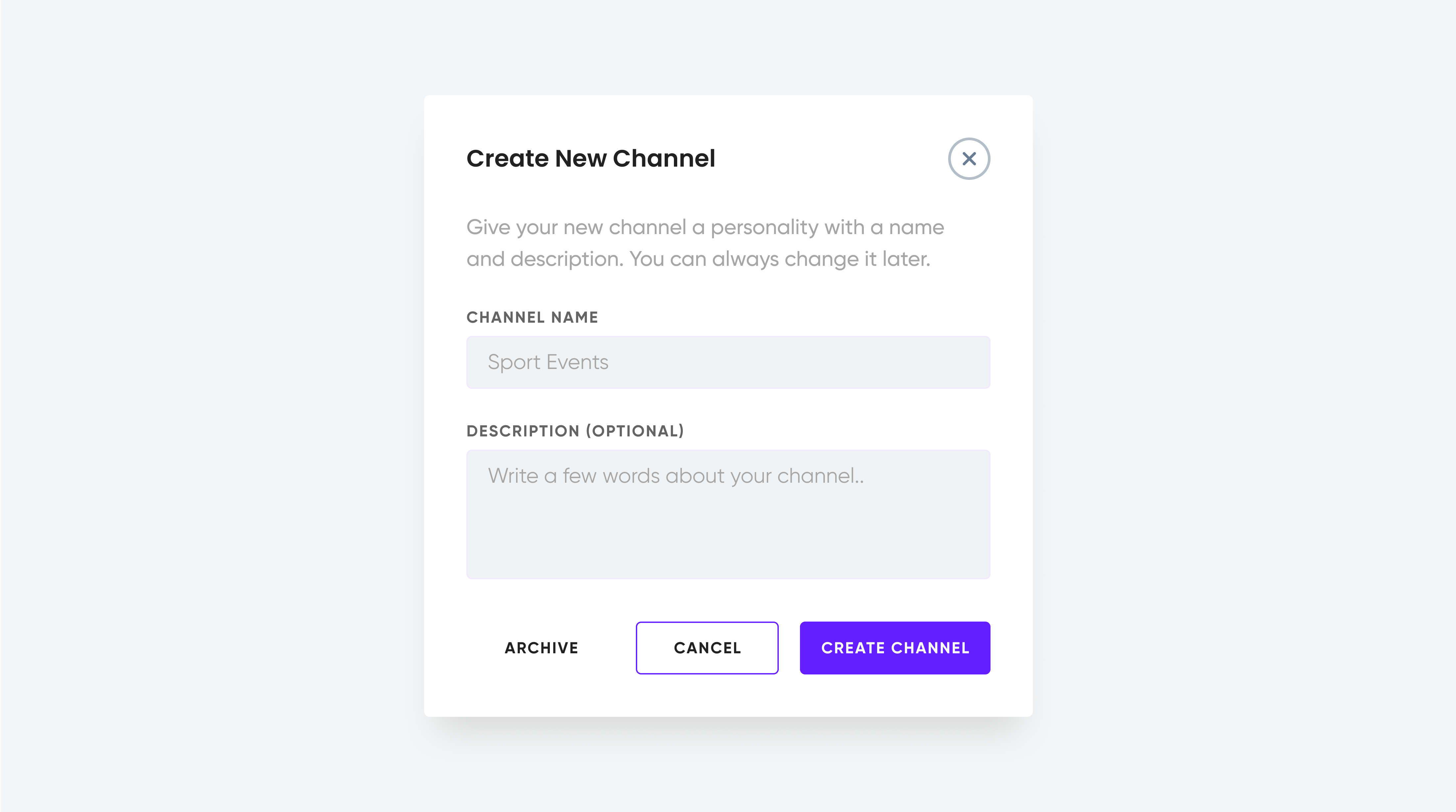  "Create New Channel" form with fields for channel name and description, and buttons for Archive, Cancel, and Create Channel.