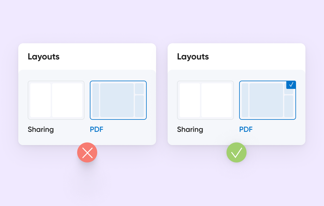 Comparison of layout selection options in a user interface, highlighting an inactive and an active state for accessibility testing.