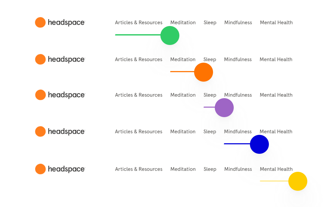 Display of the Headspace app's navigation with color-coded paths representing categories like Meditation, Sleep, and Mental Health.