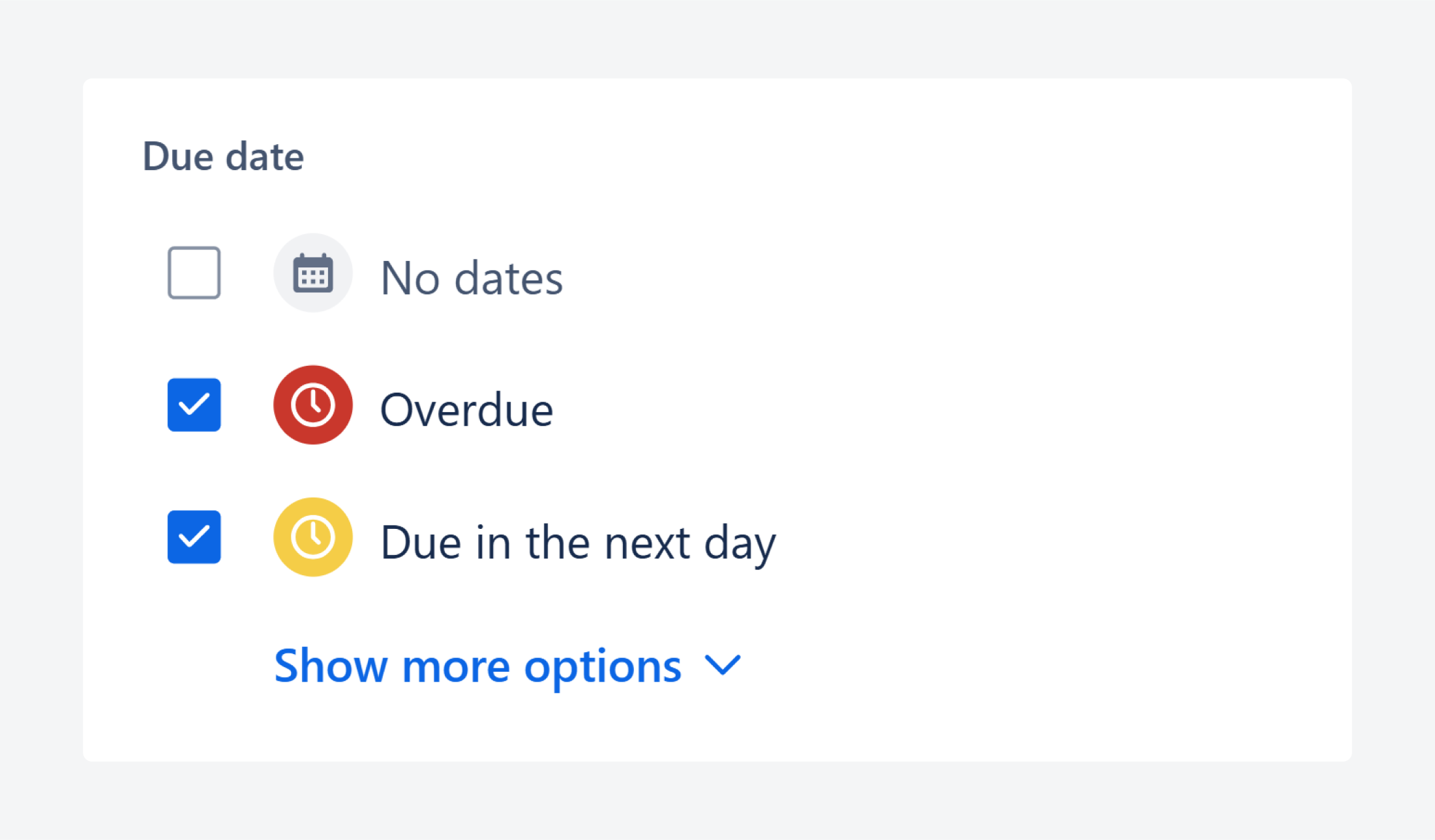 Trello due date filter checkboxes.