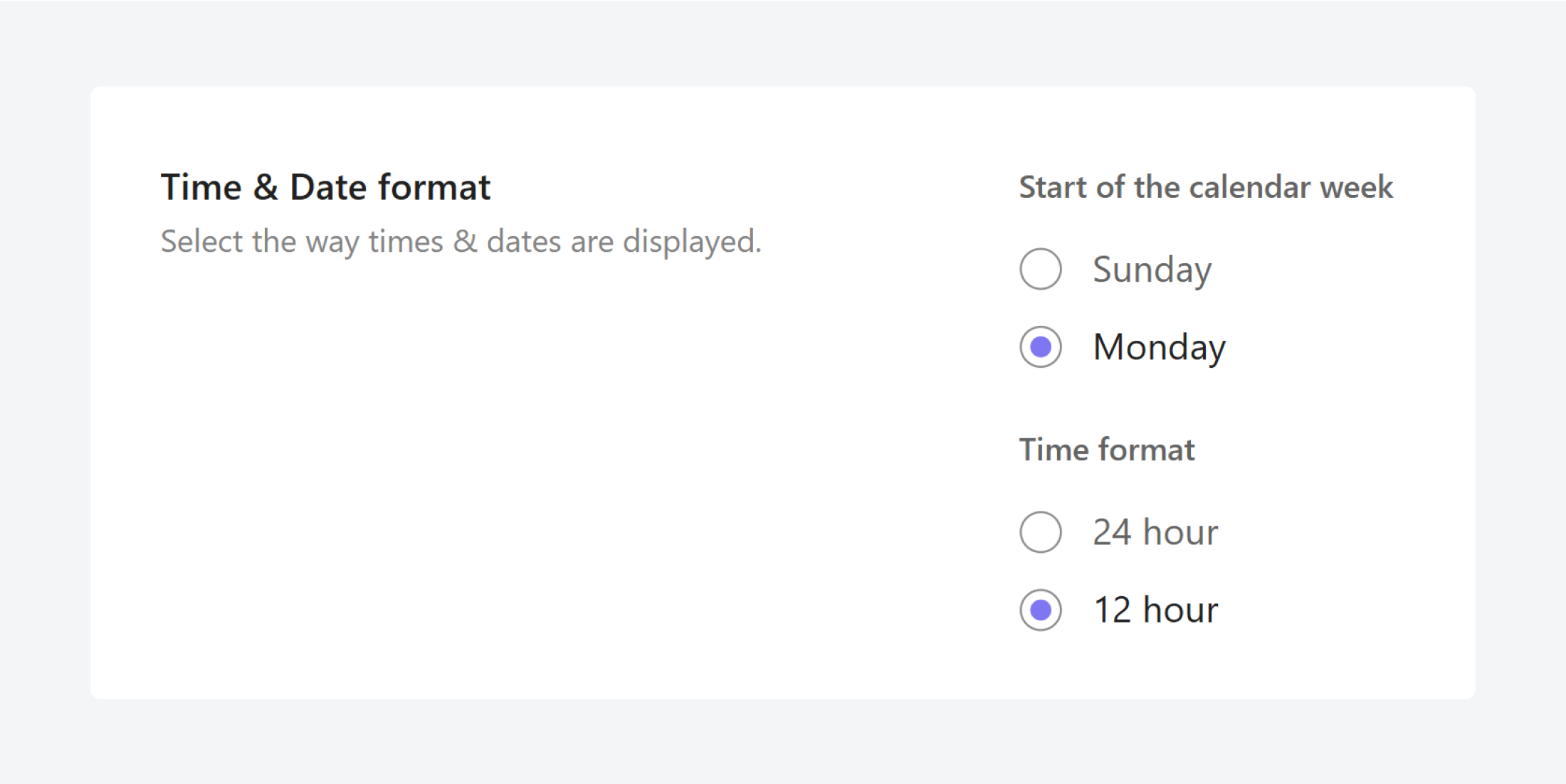 ClickUp time and date format radio buttons.