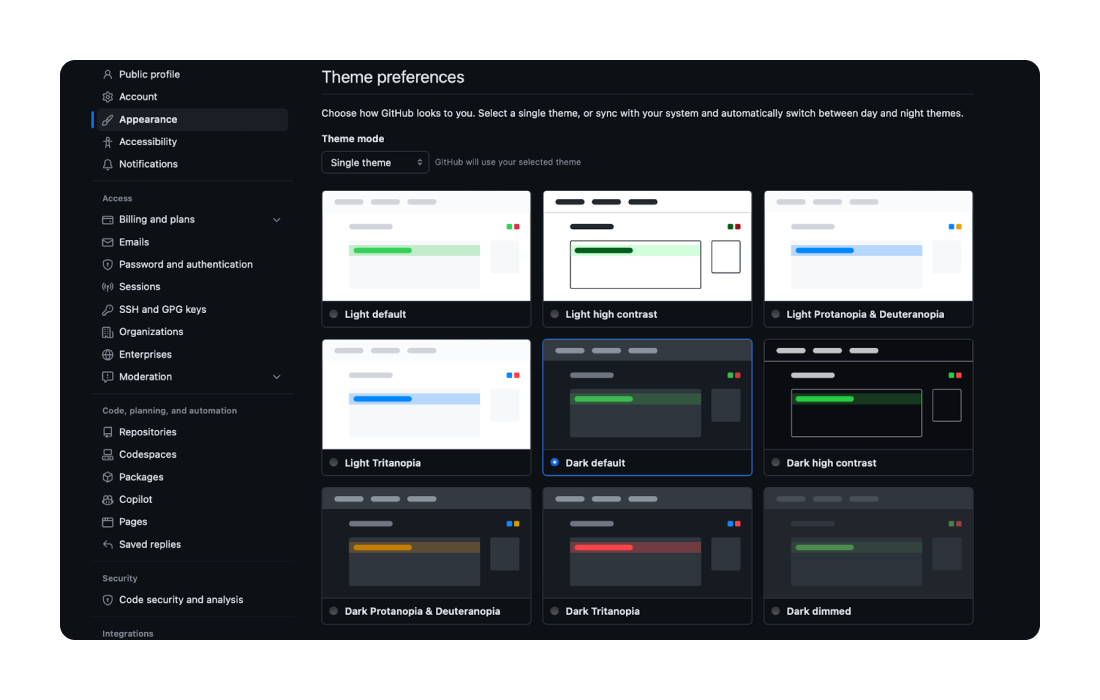 GitHub theme preferences screen showing options for light and dark themes, including accessibility options.