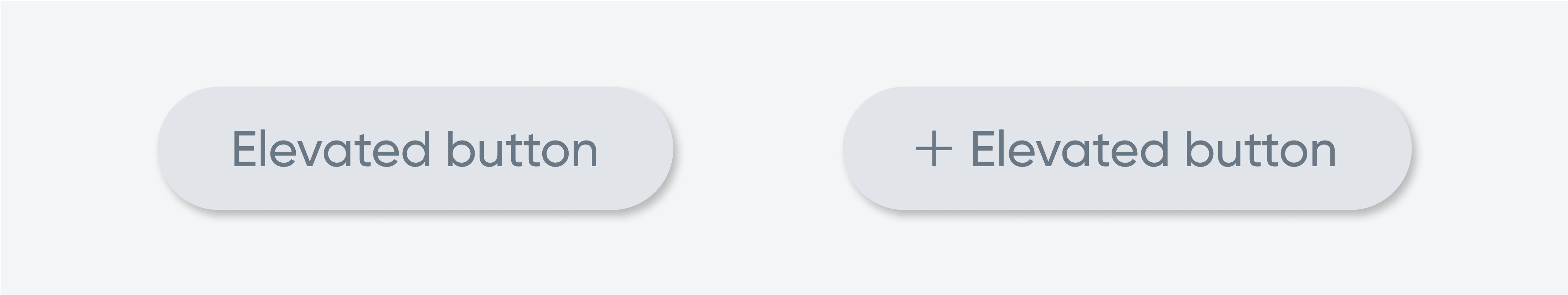 Elevated button examples: round buttons with shadows labeled "Elevated button" and "+ Elevated button.