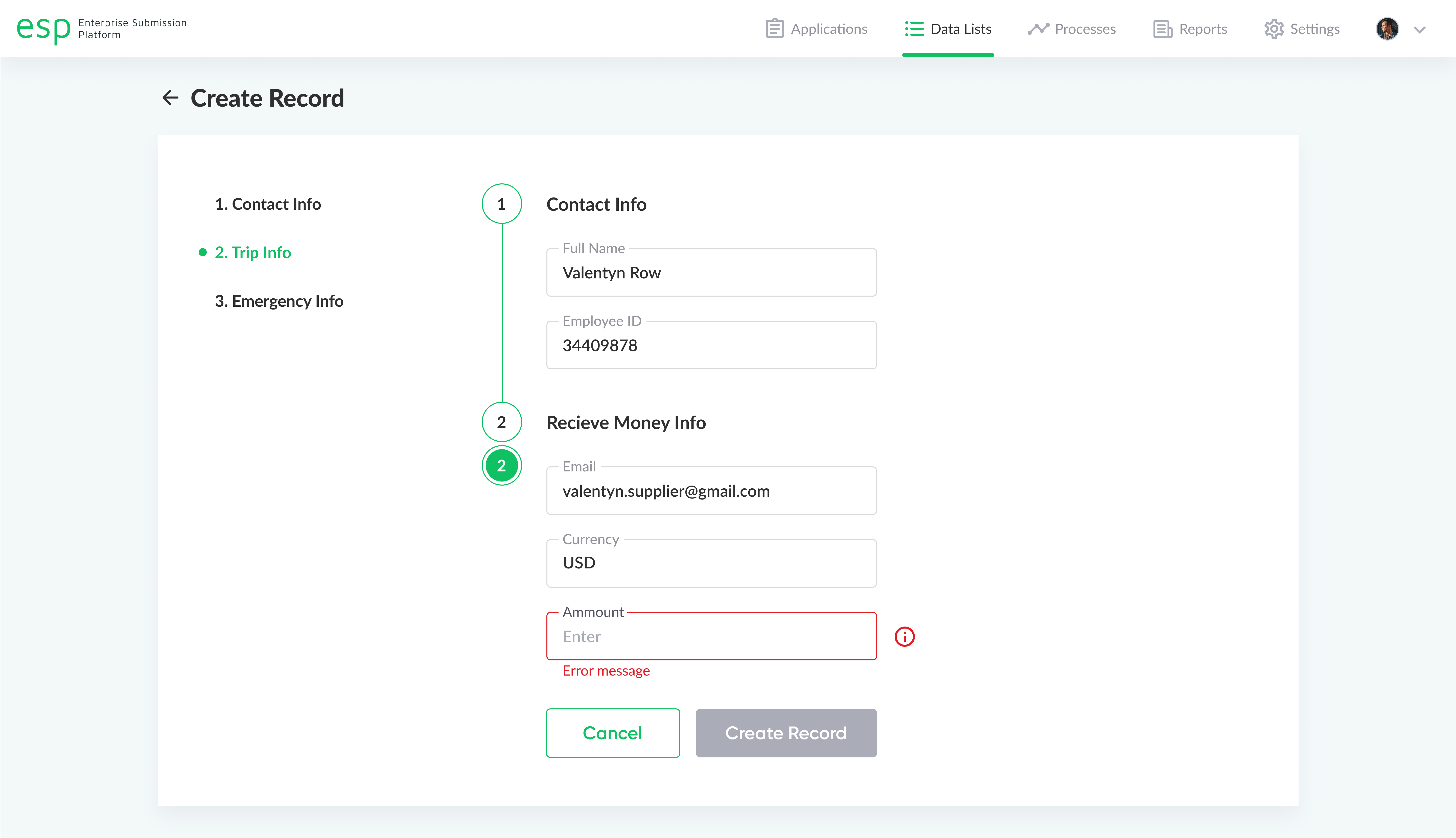 "Create Record" screen in ESP showing steps for entering contact, trip, and emergency info, with form fields and buttons.