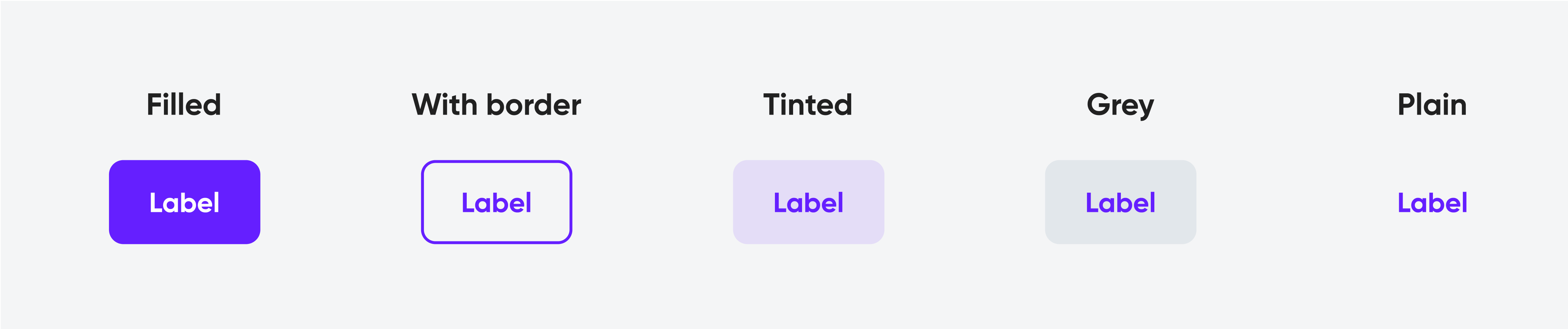 Five button styles labeled as Filled, With border, Tinted, Grey, and Plain, each containing the text 'Label'.
