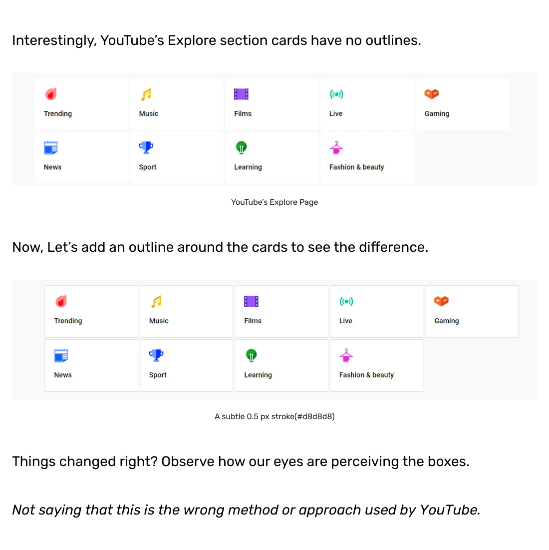 An example of the cards with and without an outline.