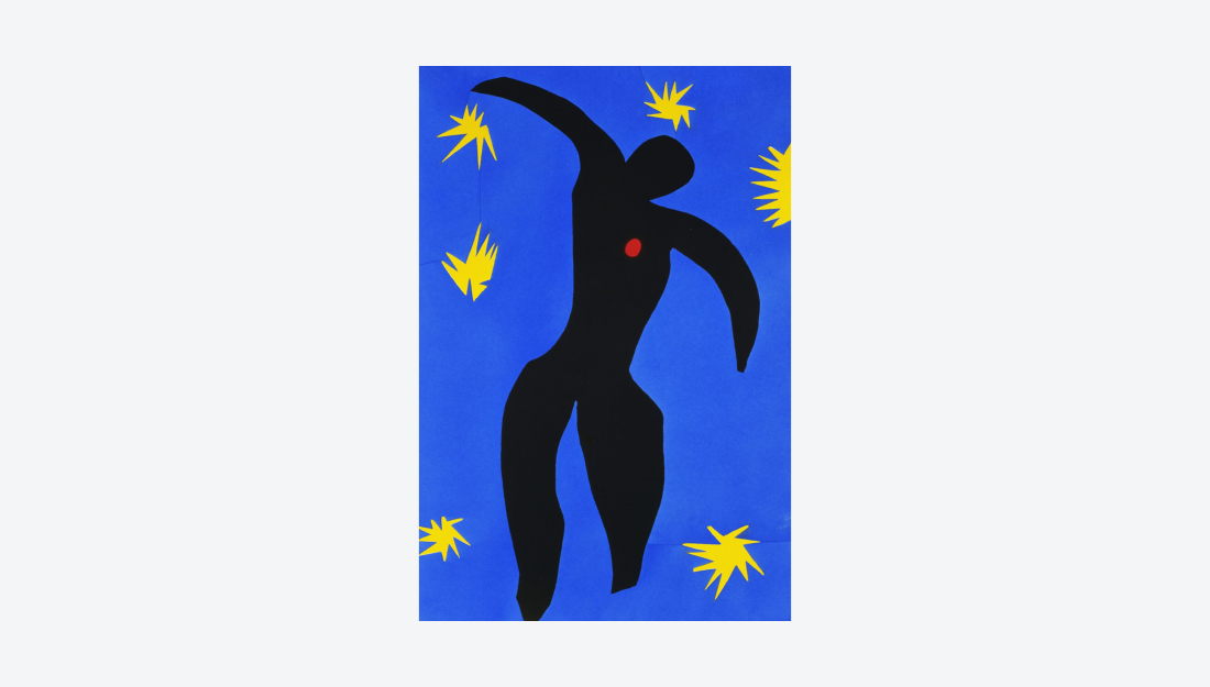 Henri Matisse’s artwork "Icarus" featuring a black silhouette of a figure against a blue background with yellow star-like shapes.