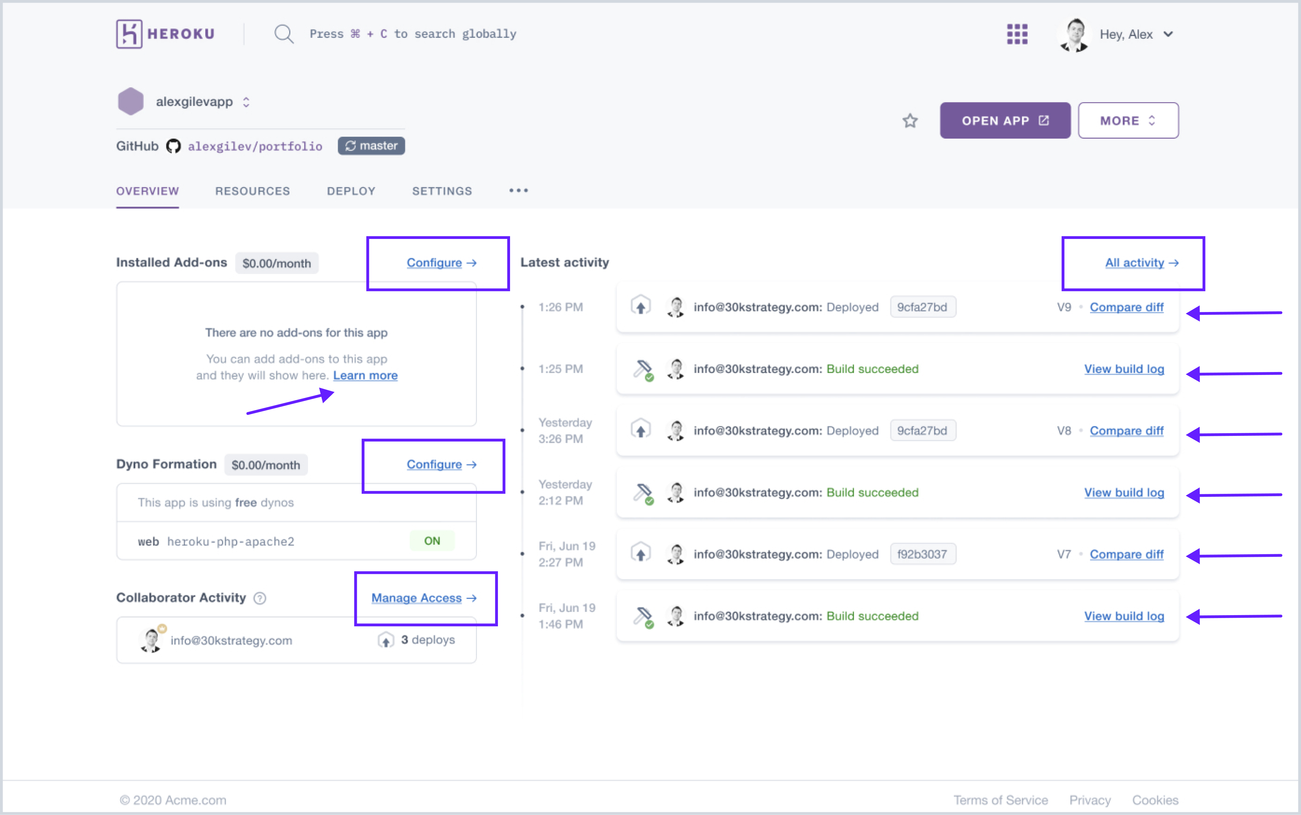 Heroku dashboard showing add-ons, dyno formation, collaborator activity, latest activity logs, with configuration options.