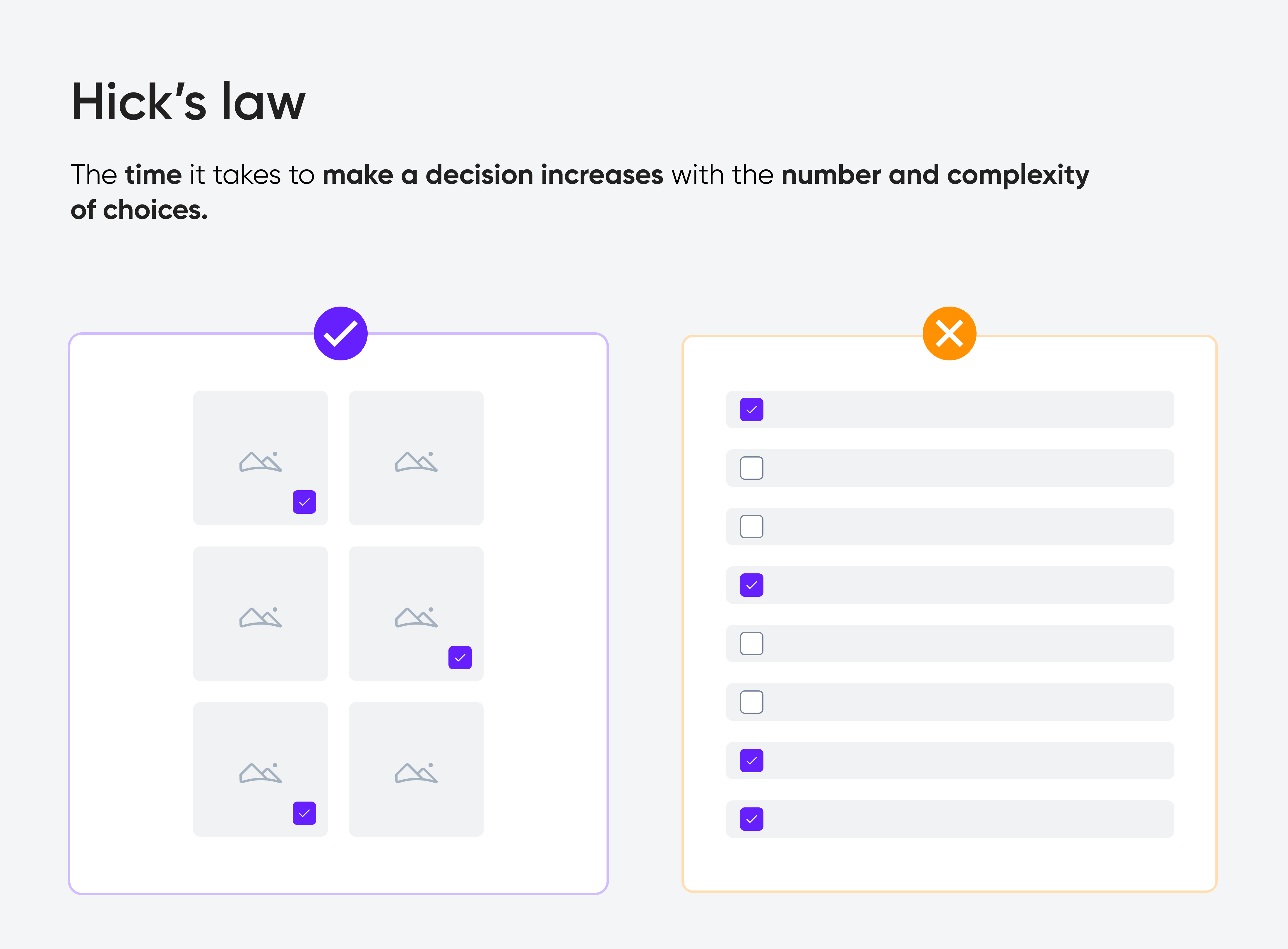 A visualization of the Hick's law featuring a good and a bad example of the interface.