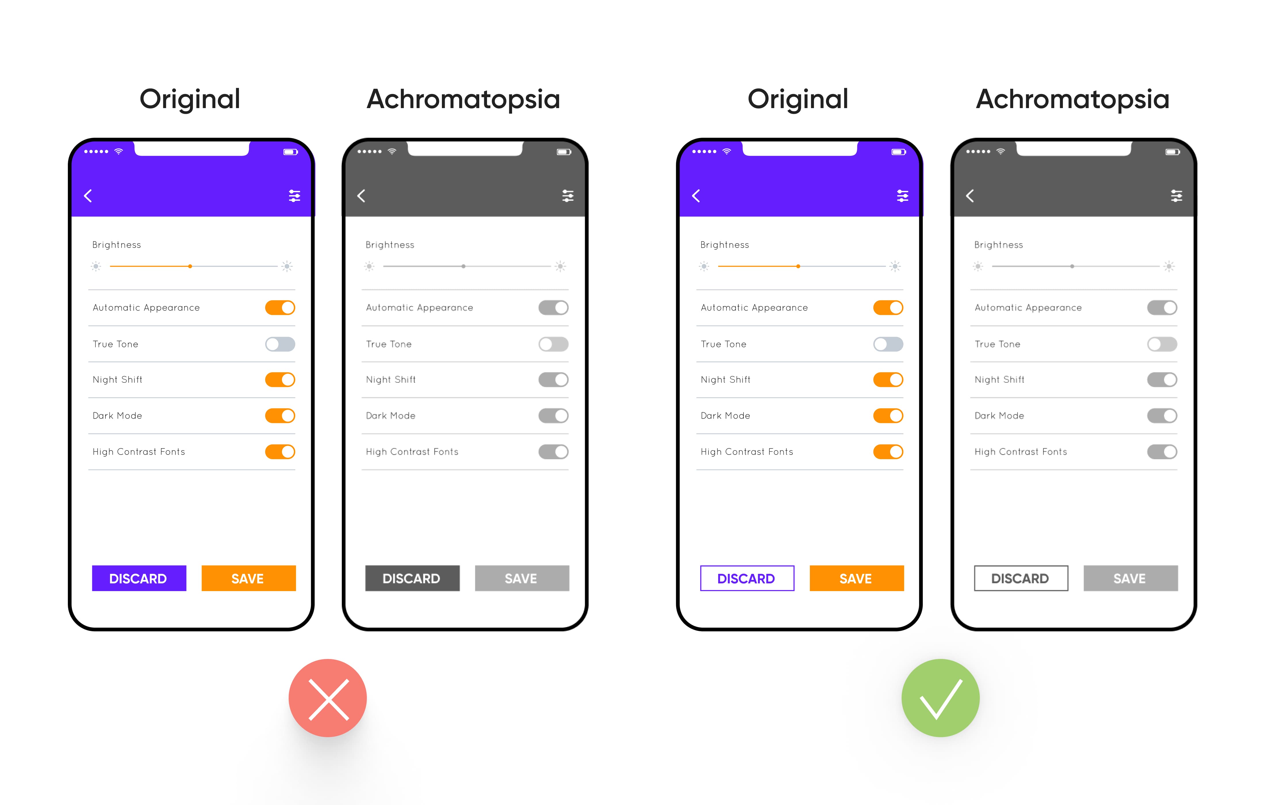 Comparison of mobile app settings interface in original and achromatopsia views, showing changes in color perception.