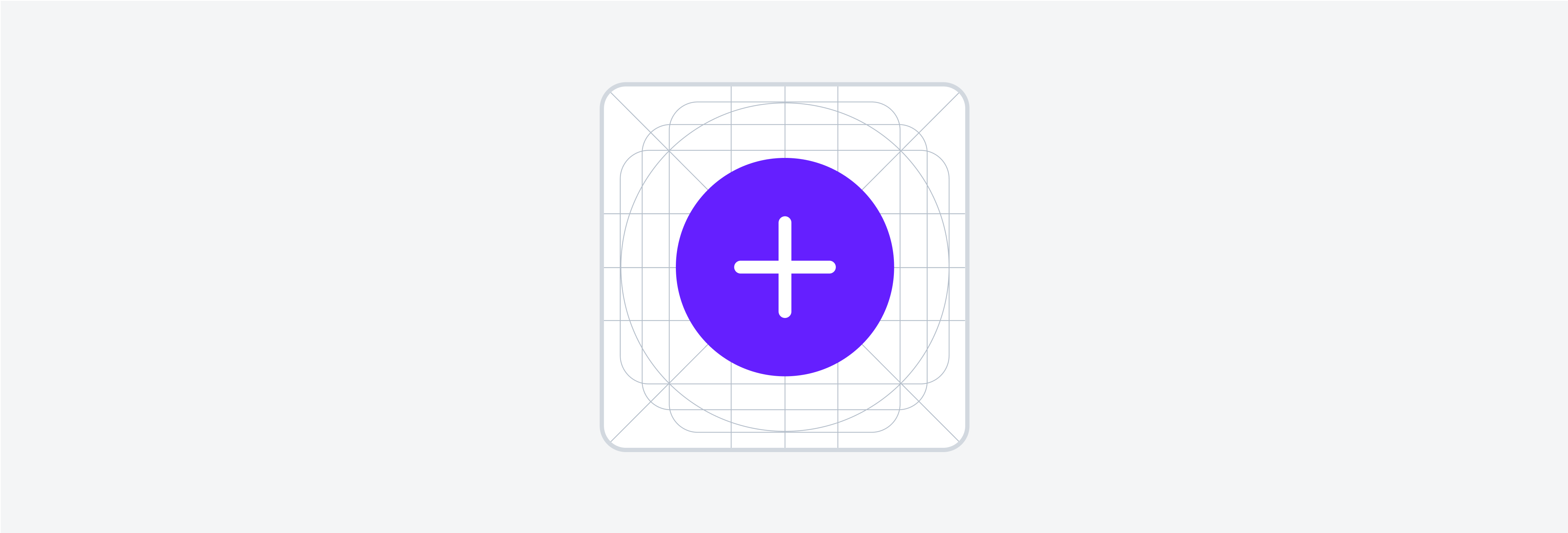 Square icon design featuring a central orange circle with a white plus sign, overlaid with a complex geometric grid.