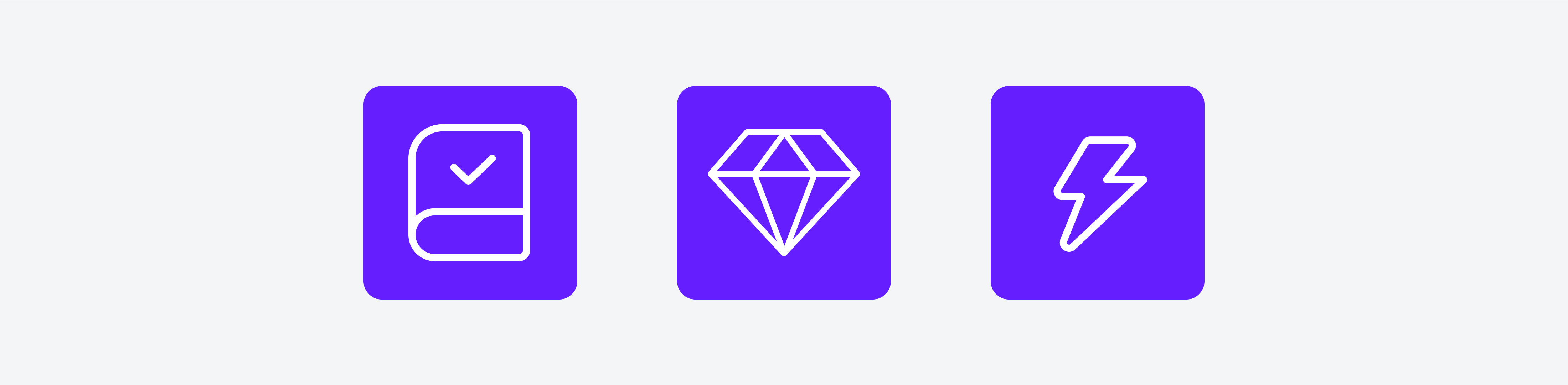 A row of three colored unique icons: a book, a diamond, and a lightning.