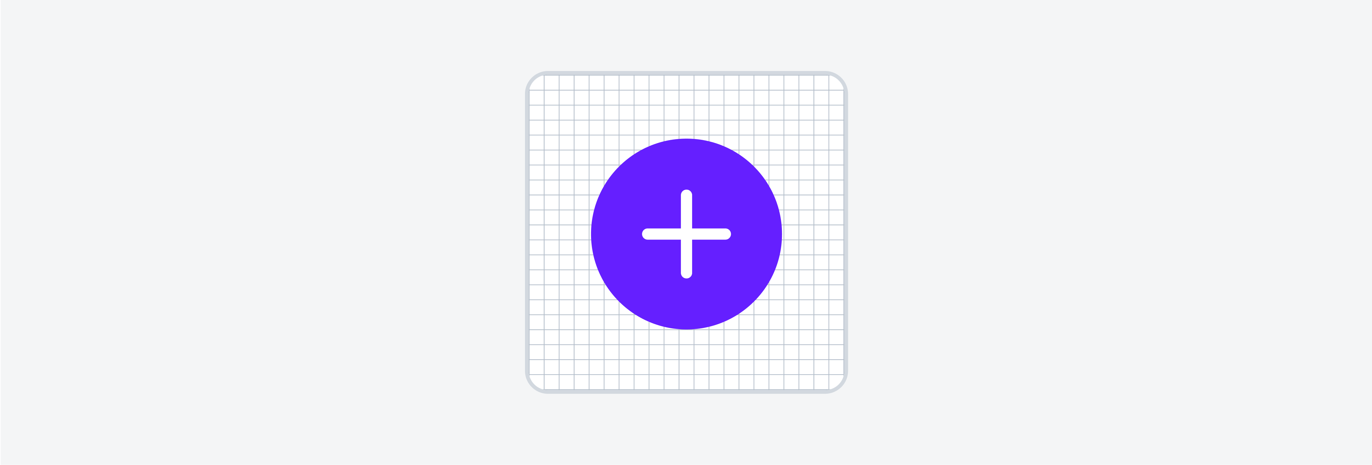 A square icon container with a grid, featuring a central orange circle with a white plus sign.