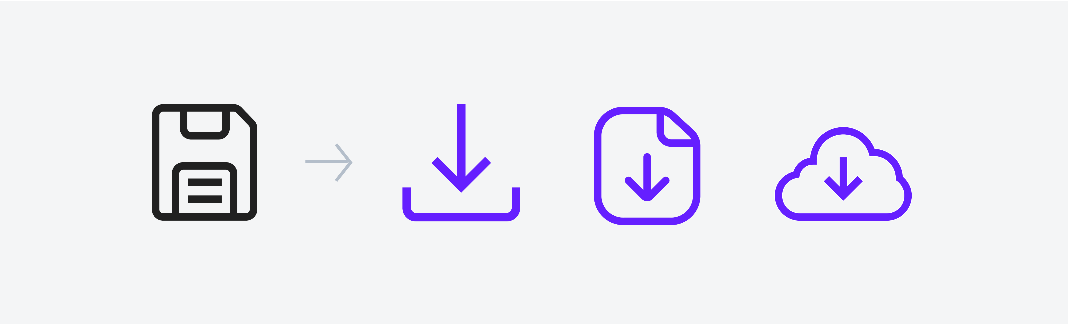 Series of icons representing the 'save' function: floppy disk, cloud download, download box, badge with arrow, and hard drive with arrow.