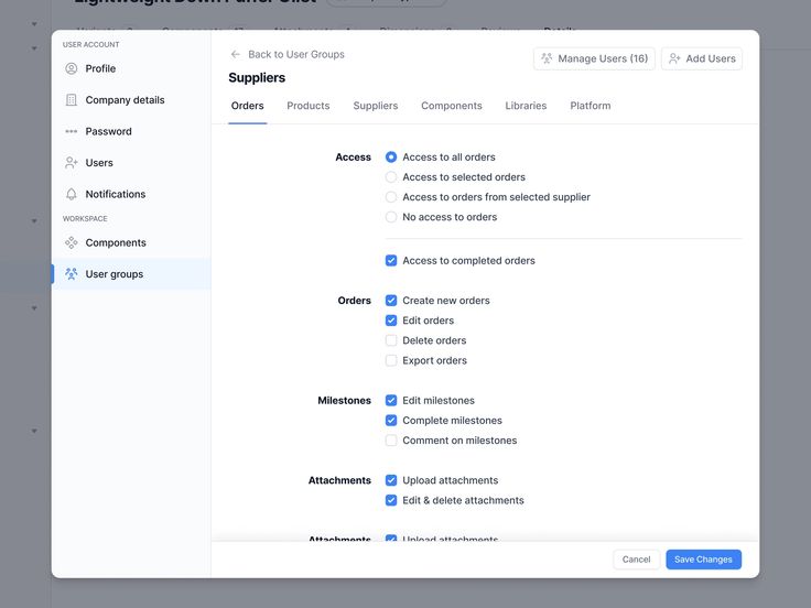 User settings for managing access permissions, including orders, milestones, attachments, with selectable checkboxes and radio buttons.