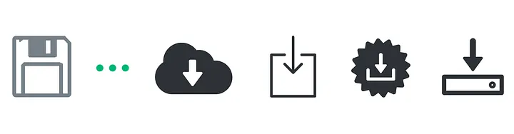 Series of icons representing the 'save' function: floppy disk, cloud download, download box, badge with arrow, and hard drive with arrow.