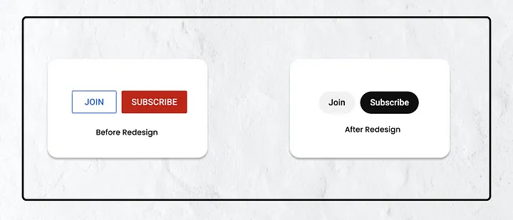 Comparison of YouTube button designs before and after a redesign, showing buttons with sharper edges before, and rounded edges after.