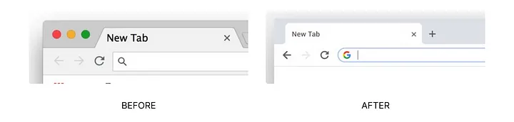 Comparison of Chrome's tab design before and after the redesign, showing sharper edges before and rounded edges after.