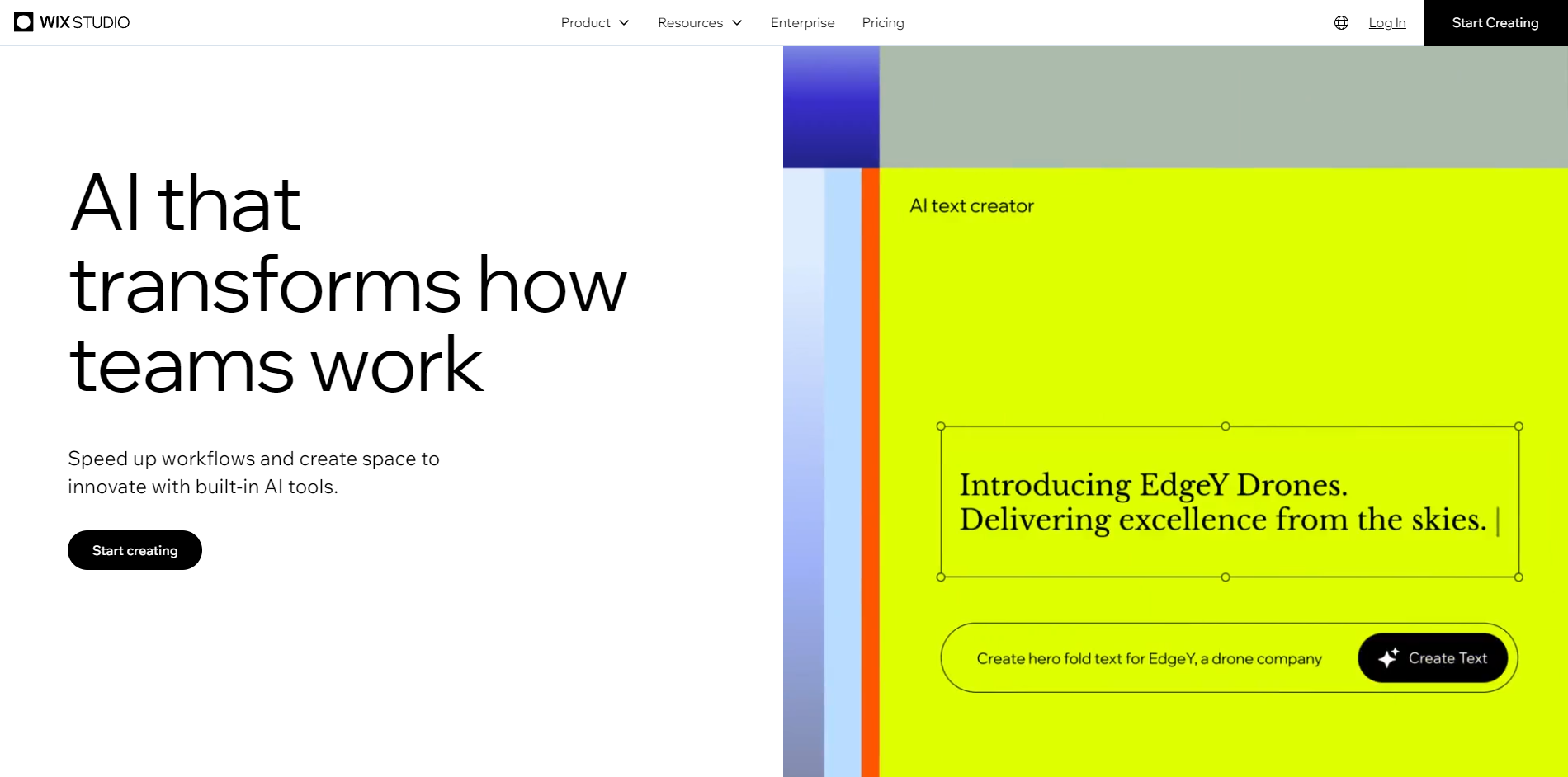 Wix Studio page showcasing AI tools to improve team workflows, featuring 'Start creating' button and AI text creator for drone company text.