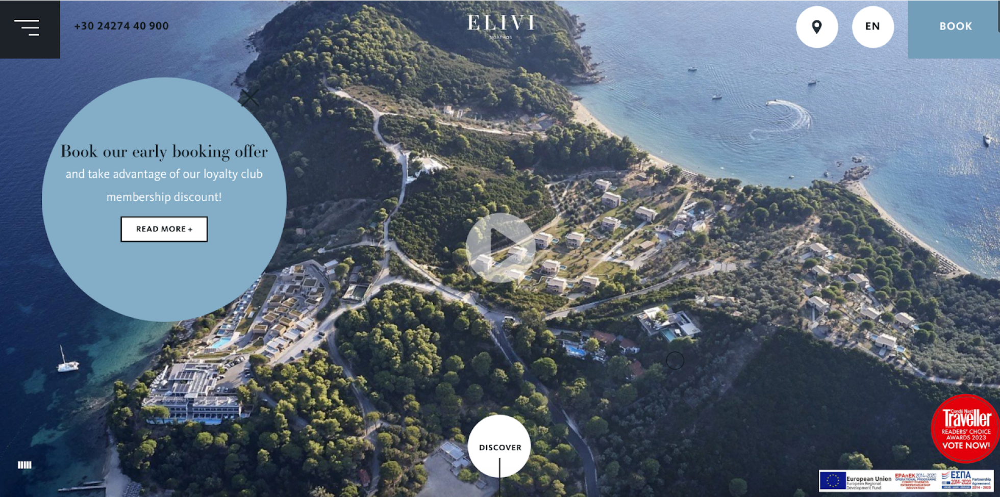 Header of the Elivi website featuring an aerial view of the coastal resort, with text promoting early booking offers and loyalty discounts.