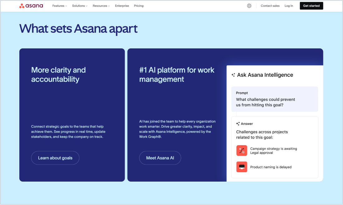 Asana's home page with content organized in blue rectangles. 