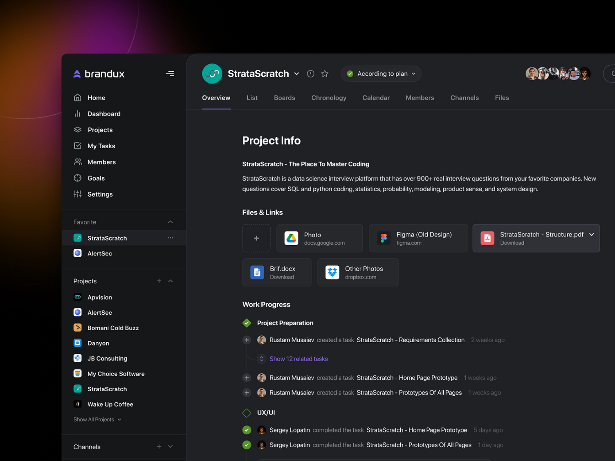 Dashboard of the Brandux platform showing the StrataScratch project overview, project info, files, links, and work progress tracker.
