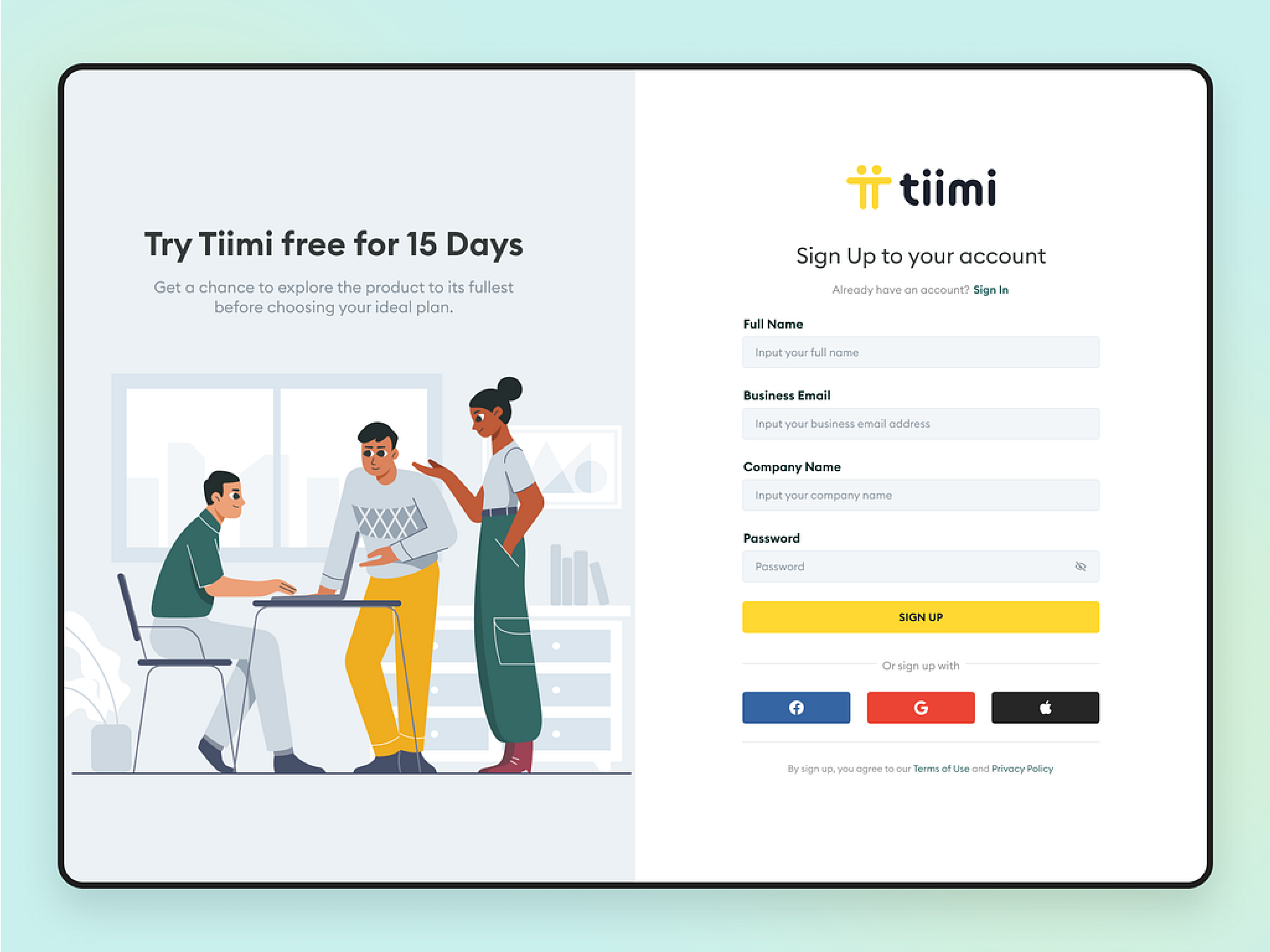 Split-screen signup page for Tiimi, offering a 15-day free trial on the left and a registration form on the right.