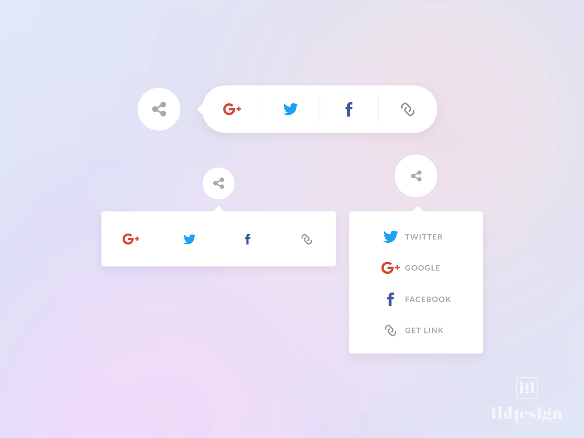 Social media sharing interface displaying expandable menus with icons for Google+, Twitter, Facebook, and a link-sharing option.