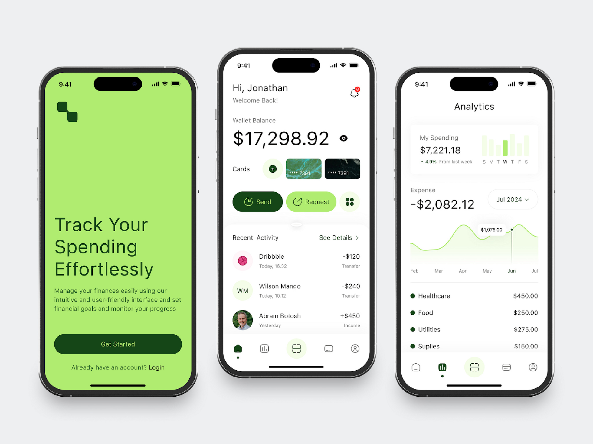 Three mobile screens of a finance app showing a green landing page, wallet balance with recent transactions, analytics with spending charts.