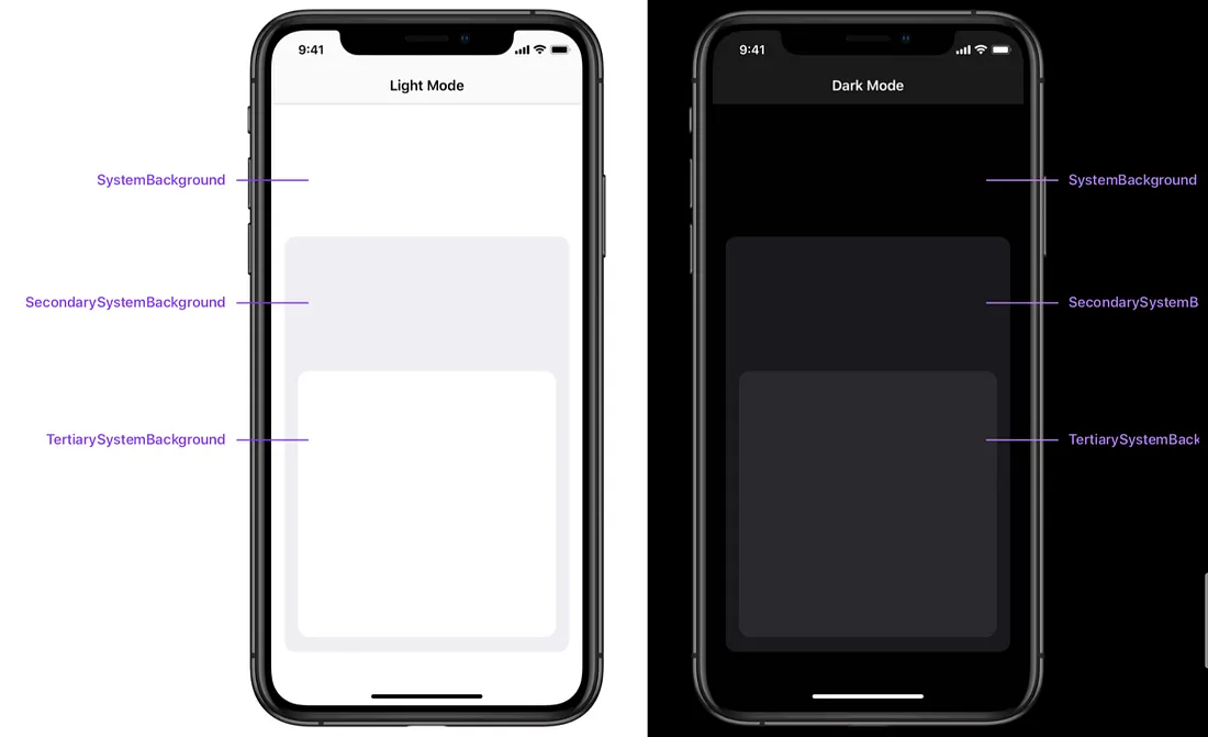 Two smartphone mockups with system, secondary, and tertiary backgrounds in dark and light themes.