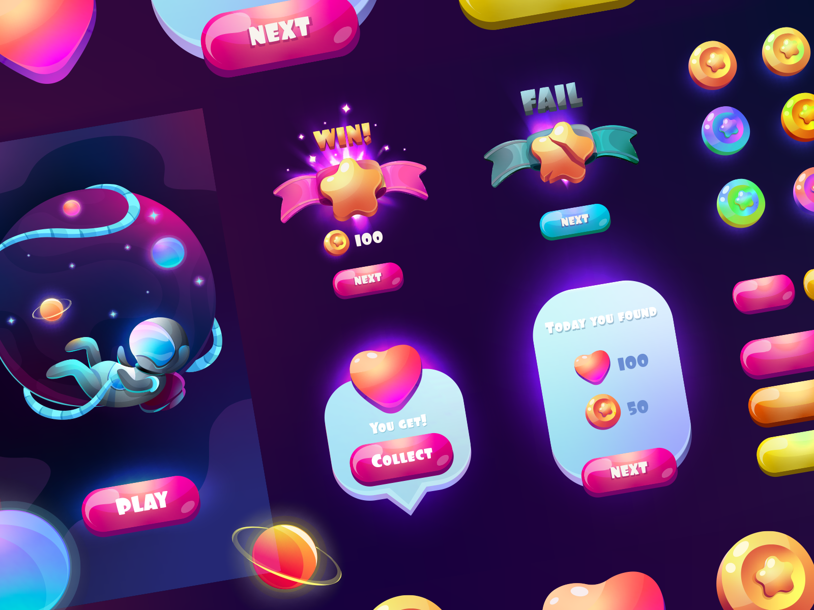 An interface of the gaming app where colorful shadows are used to reflect the thematic design.