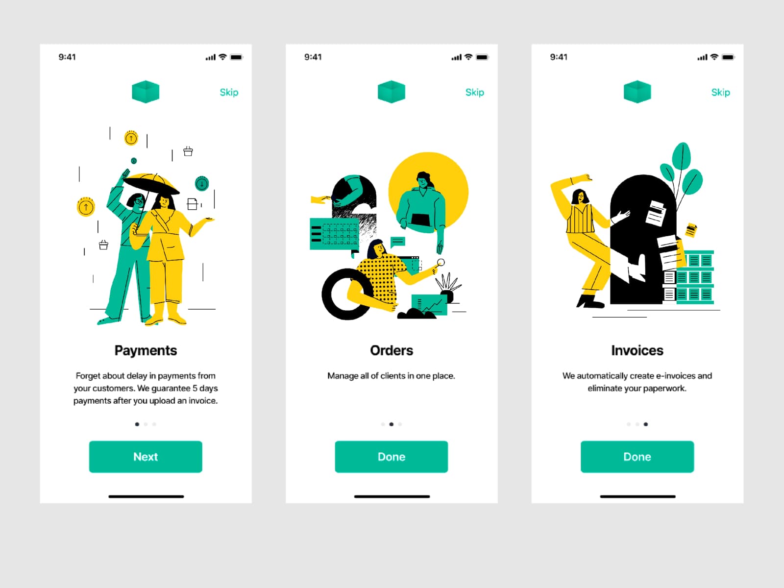 Three onboarding screens for a mobile app with illustrations.