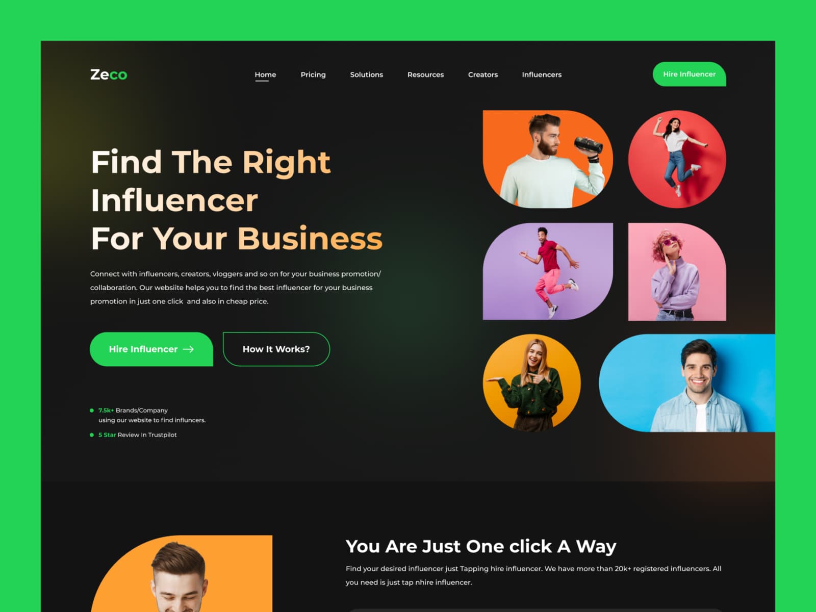 A webpage with the text "Find the Right Influencer for Your Business" and two buttons: "Hire Influencer" and "How It Works?"