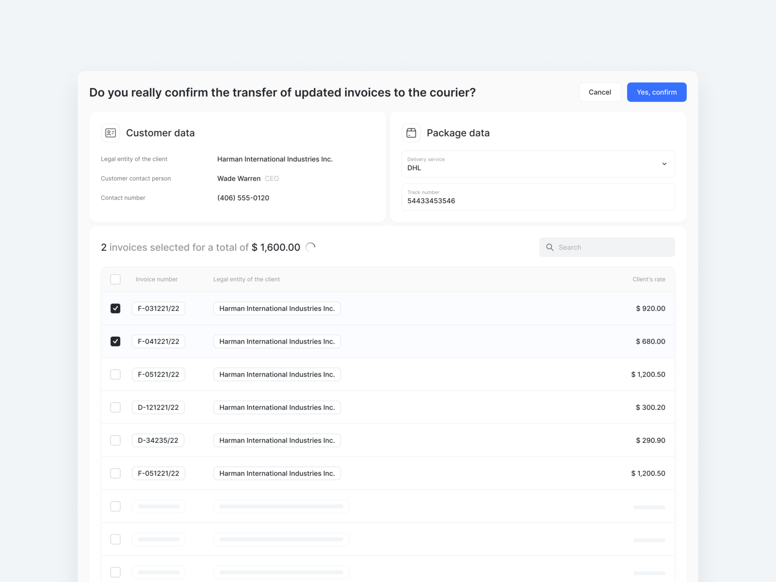 Confirmation screen for transferring invoices, showing customer and package details, selected invoices, total amount, and action buttons.