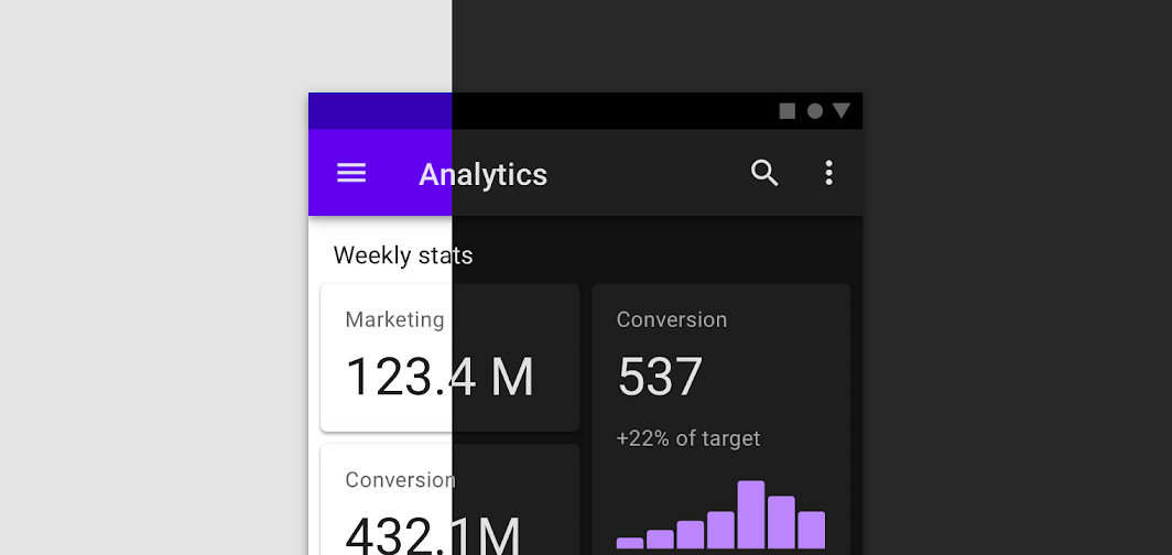 Analytics dashboard in the light and dark versions that show how shadows look in each theme.