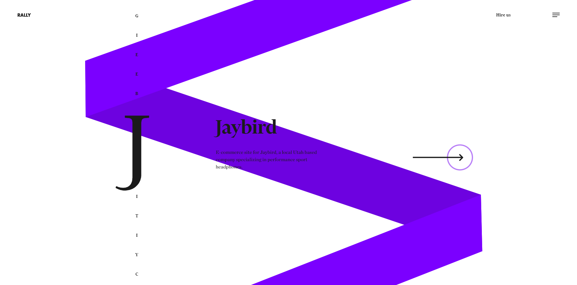 Jaybird eCommerce site with a large 'J' and a bold purple ribbon-like shape, featuring a right-pointing arrow.