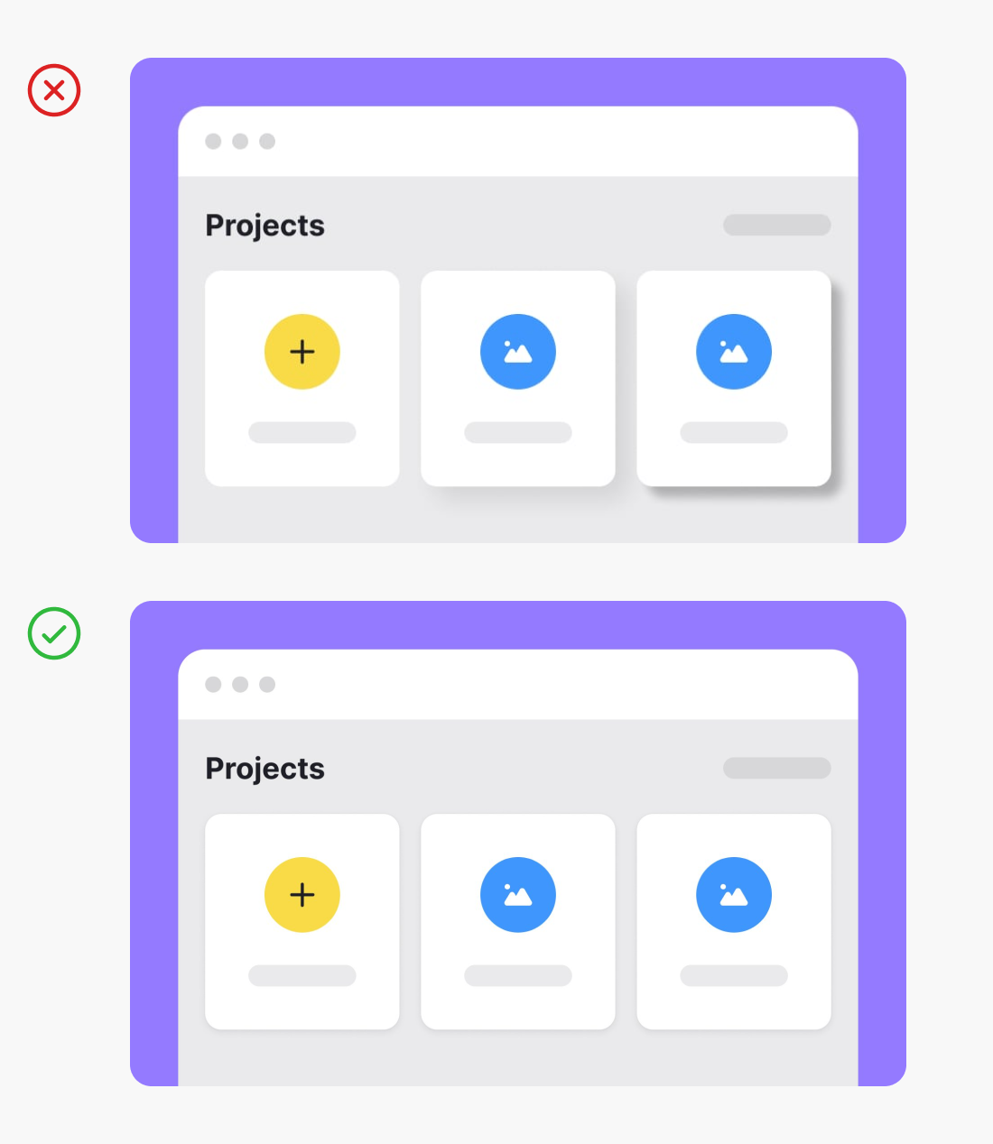 An example of consistent and inconsistent implementation of shadows within a design.