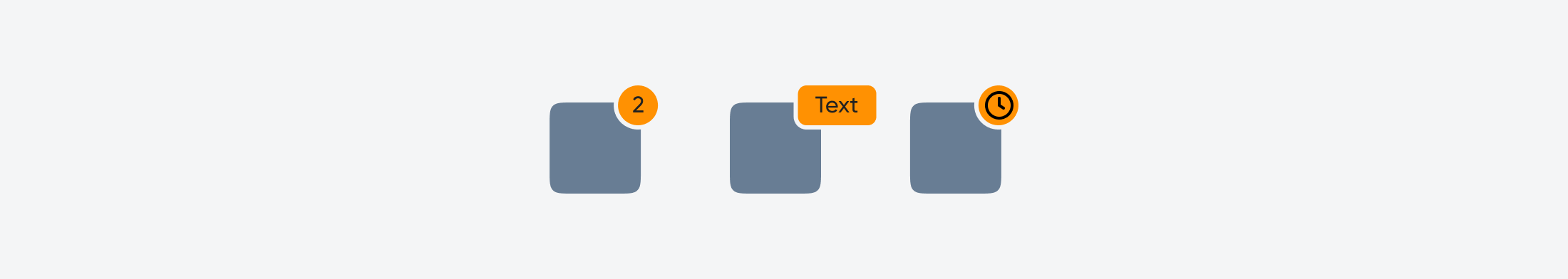 A row of grey icons featuring orange badges with numeric, text, and icon-based labels to demonstrate different badge label types.