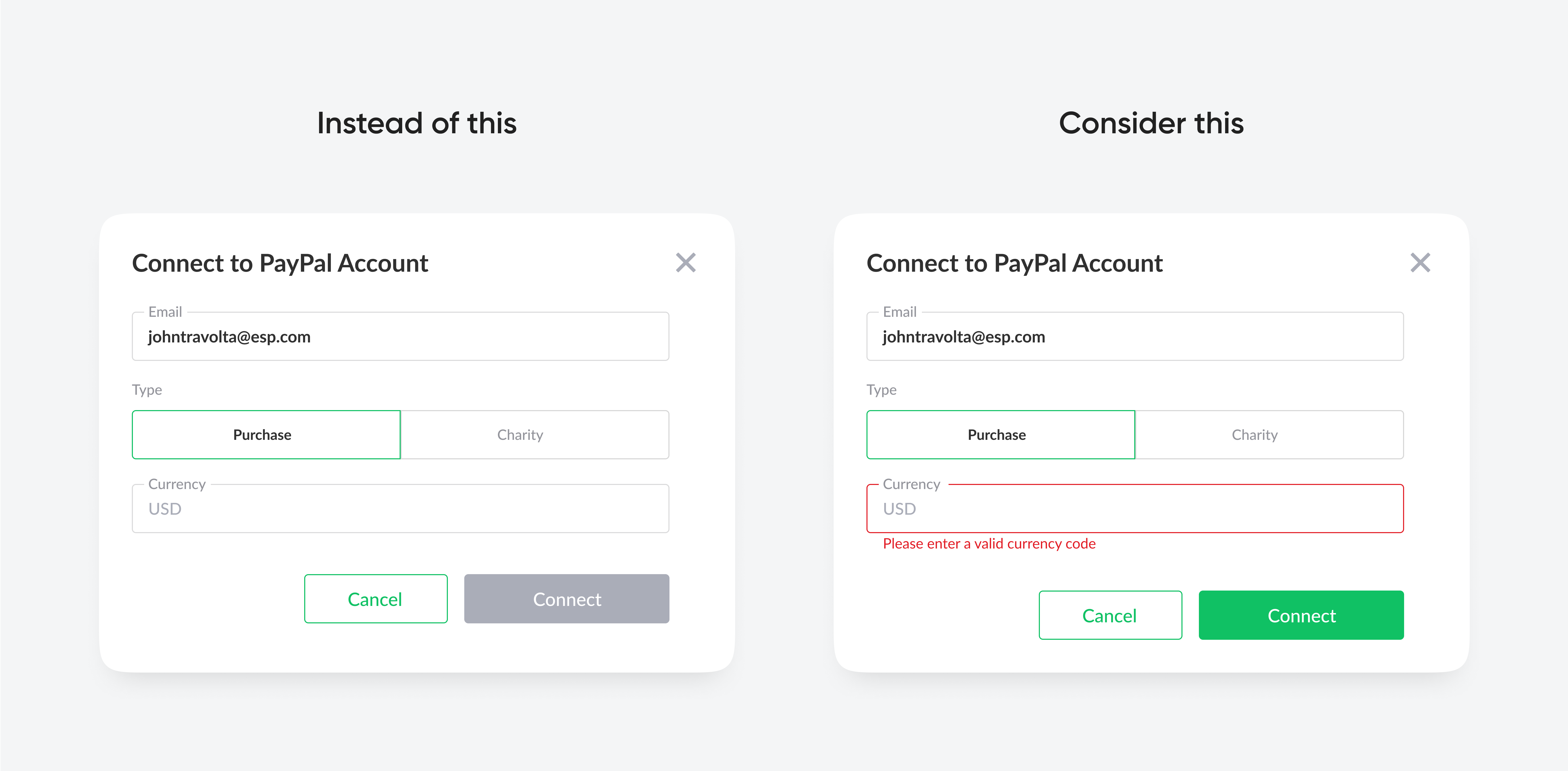 Comparison of two "Connect to PayPal Account" forms: one with no error messages, the other showing a currency code error.