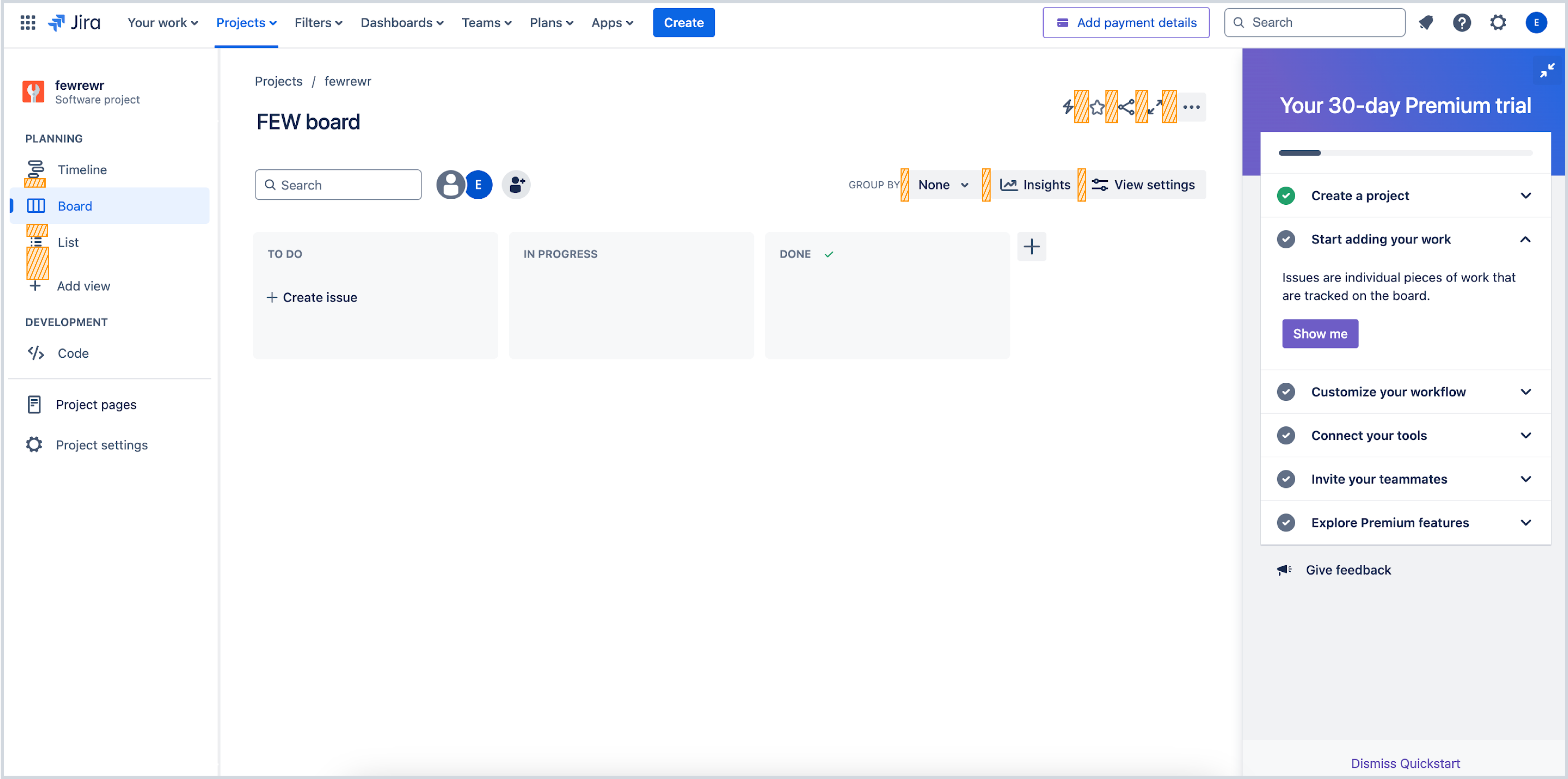 Jira board interface showing "To Do," "In Progress," and "Done" columns with 30-day premium trial sidebar.