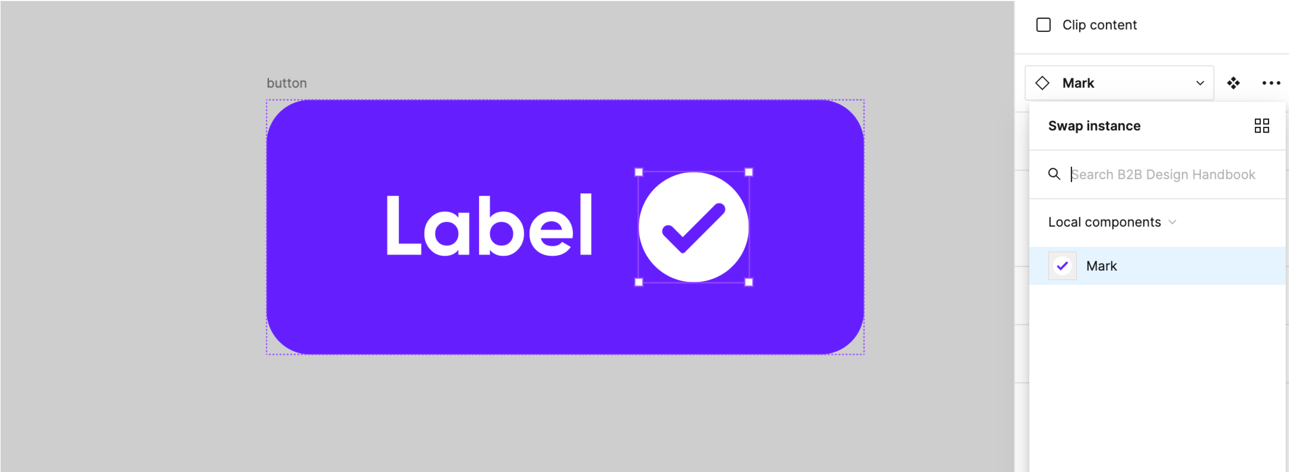 Large button with label and checkmark icon, displayed in Figma. Component swap option visible on the right.