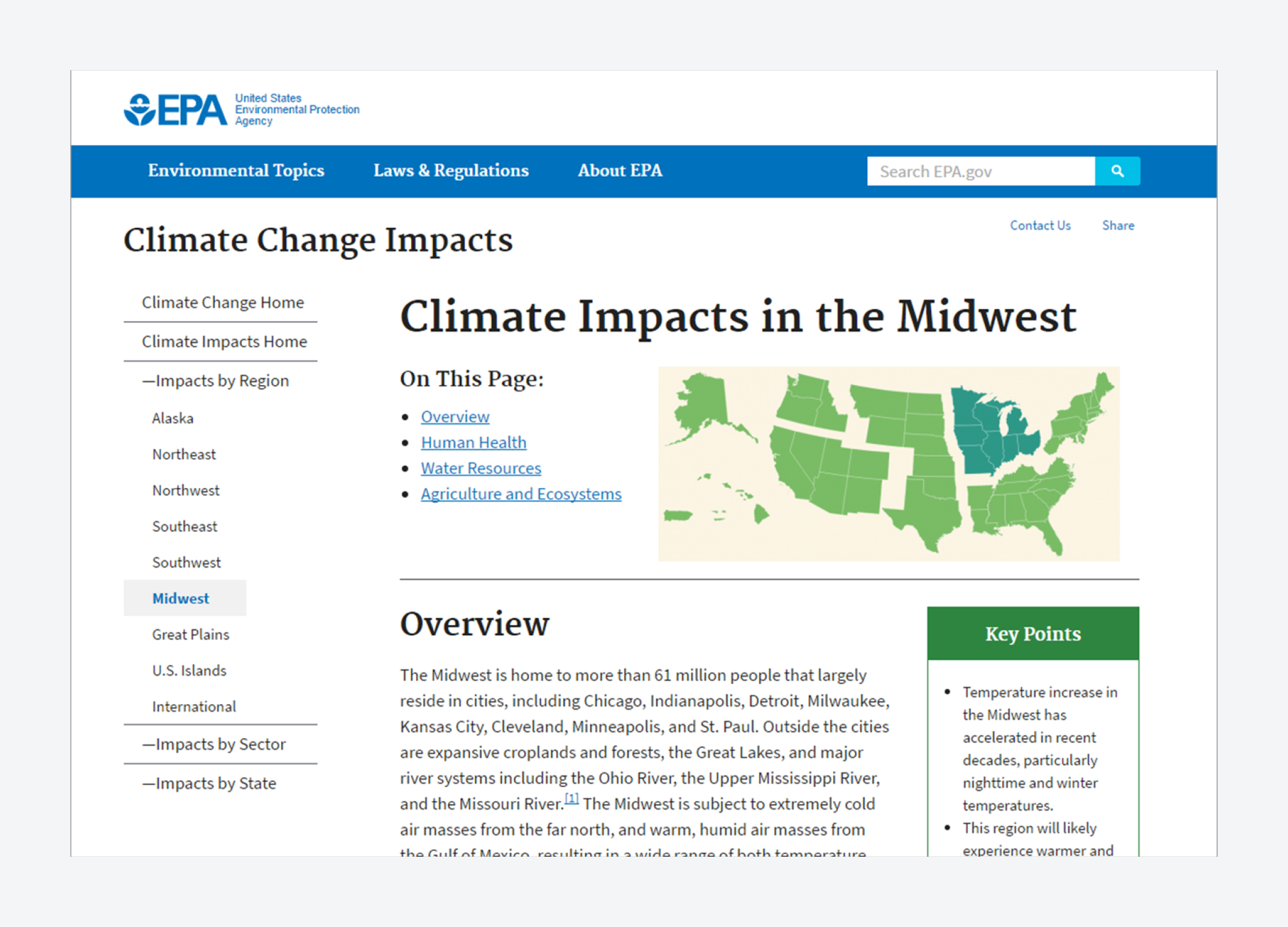 EPA webpage on climate change impacts in the Midwest with navigation menu, map, sections on human health and ecosystems.